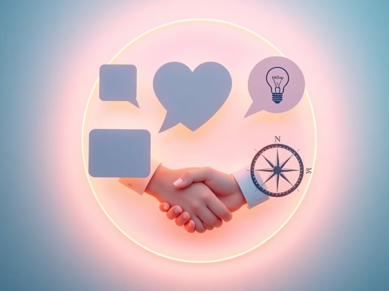 Floating life coaching icons representing compass (direction), heart (support), lightbulb (insight), and goal flag (transformation), themed in pastel turquoise and pink