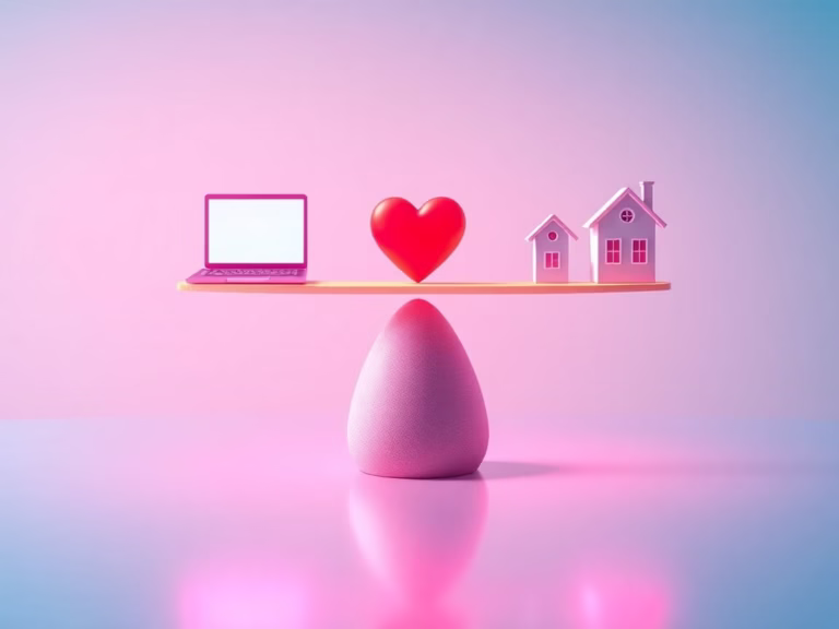 Floating icons of heart, briefcase, and home balanced on a glowing beam labeled ‘purpose’, symbolizing alignment in career and personal life