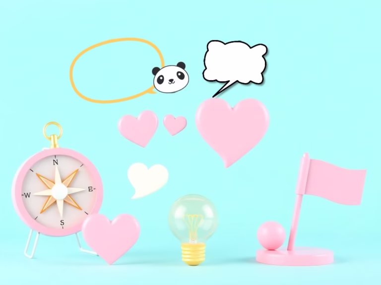 Floating icons- speech bubble (communication), heart (empathy), compass (clarity), lightbulb (insight), handshake (trust), in soft pastel theme