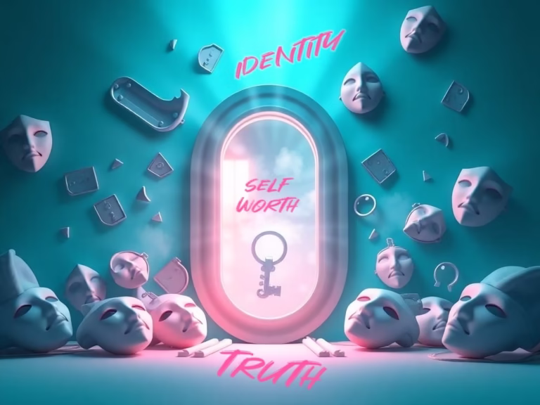 Glowing key unlocking a mirror surrounded by broken masks, symbolizing the journey of overcoming imposter syndrome and reclaiming self-worth