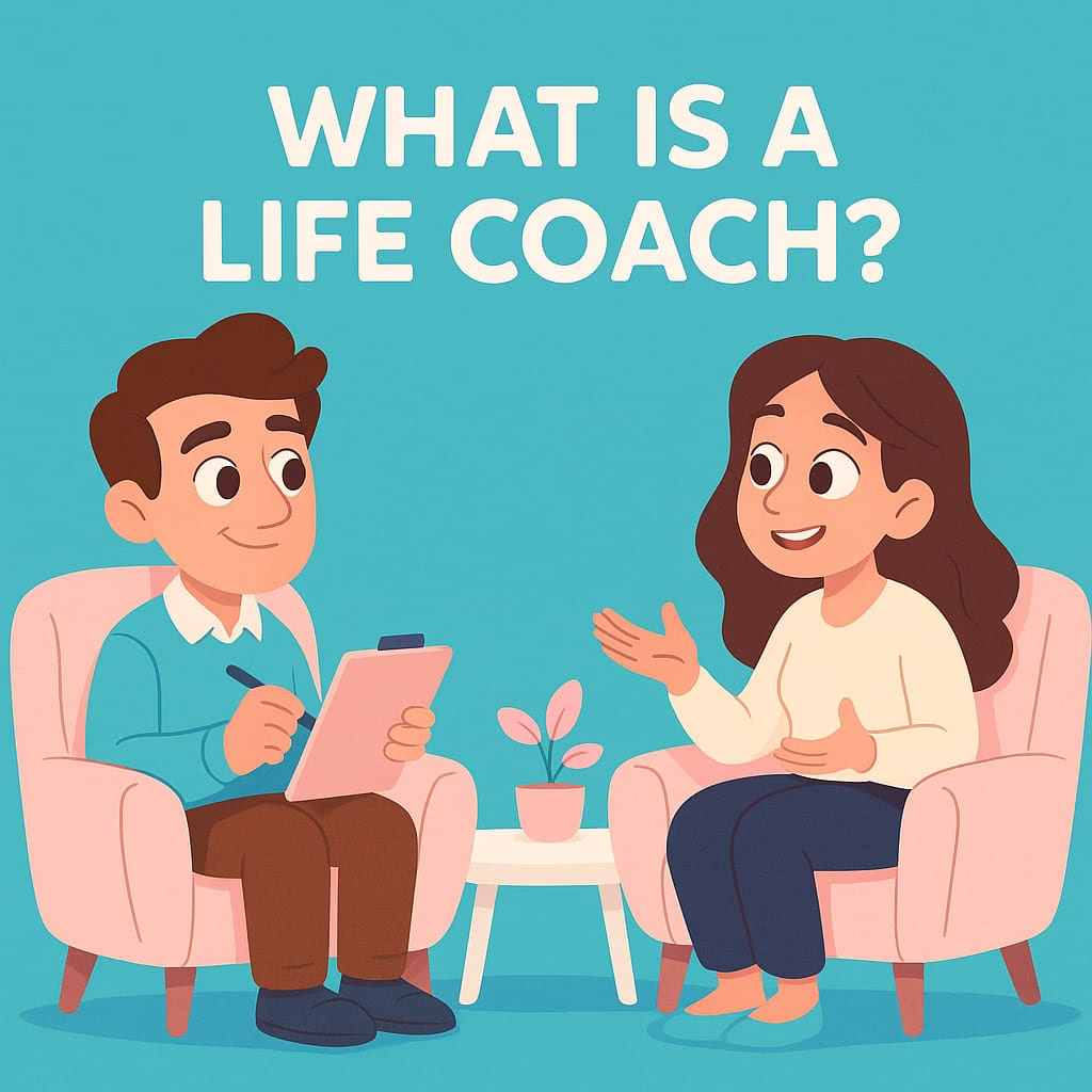 Illustration of a life coach and client having a coaching conversation in a cozy, pastel-colored setting with a turquoise background and cartoon characters
