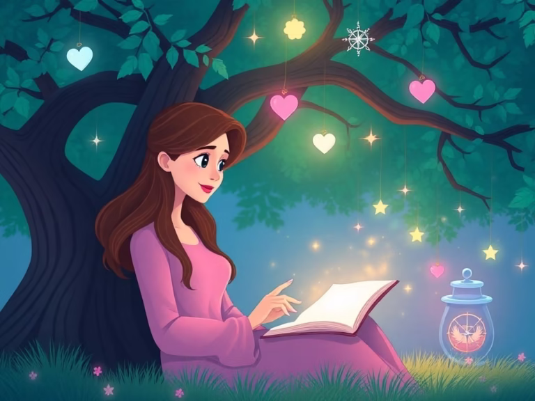 Illustration of a woman journaling under a glowing tree with floating icons like stars and a compass, representing the journey of self-discovery and uncovering one’s best self