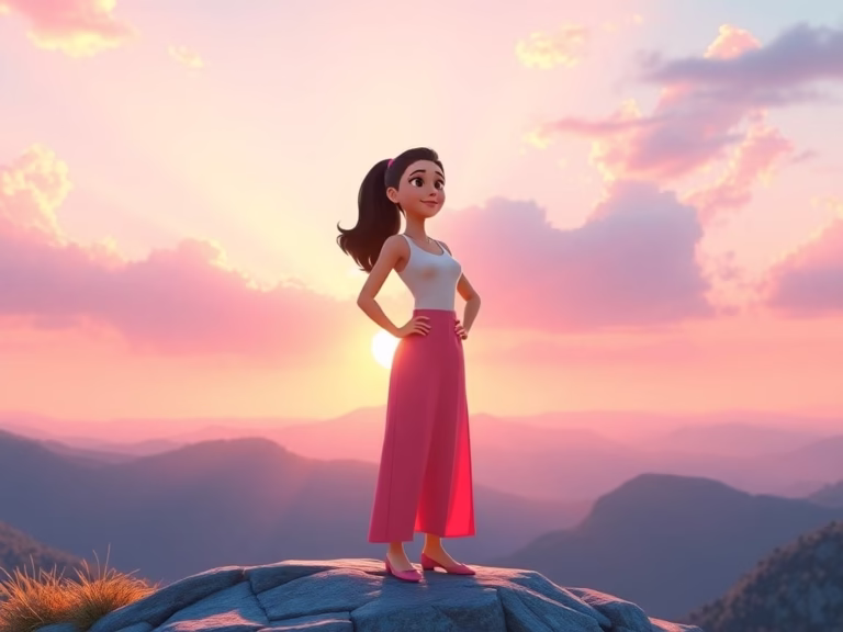Illustration of a woman stands confidently on a mountaintop at sunrise, surrounded by soft pink and turquoise rays, symbolizing personal growth and becoming the best version of yourself