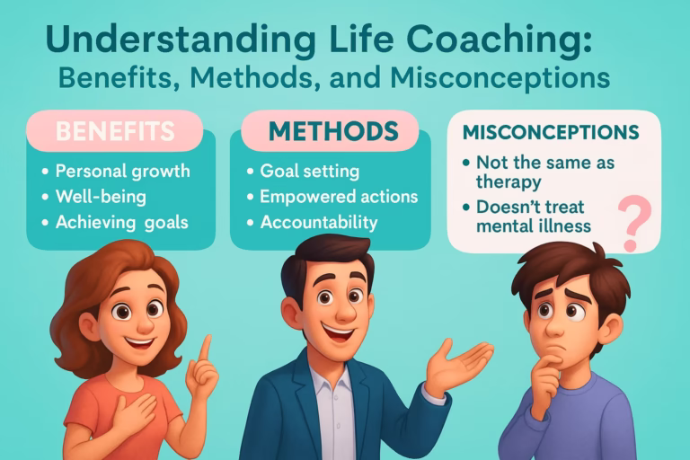 Life coaching infographic with cartoon characters highlighting coaching benefits, methods, and misconceptions in a turquoise and light pink theme