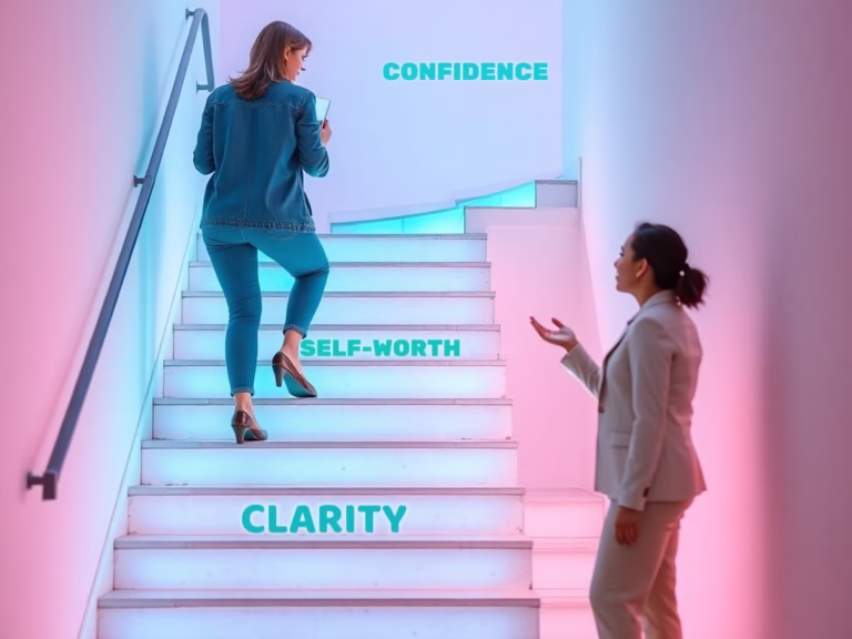 Staircase labeled ‘clarity', 'self worth', 'confidence’ rising upward to symbolise personal growth