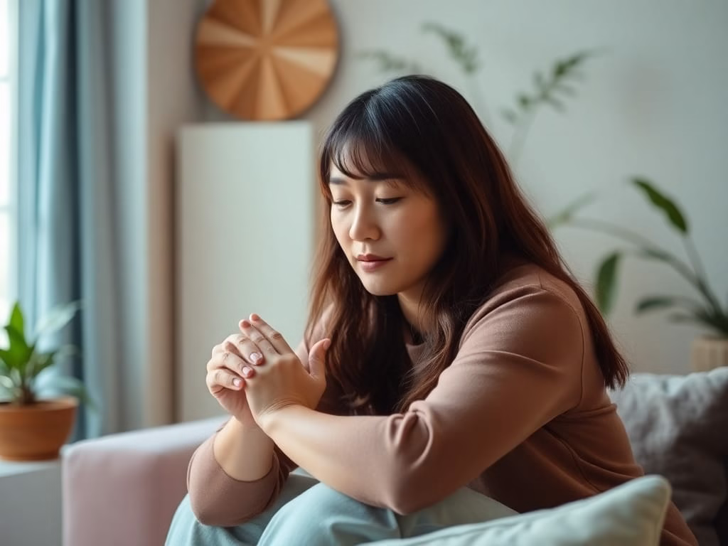 a sad woman sitting on the couch