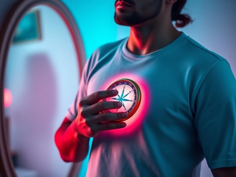 illustration of a man holding a compass in front o his chest, represent newfound clarity, align life with values through life coaching