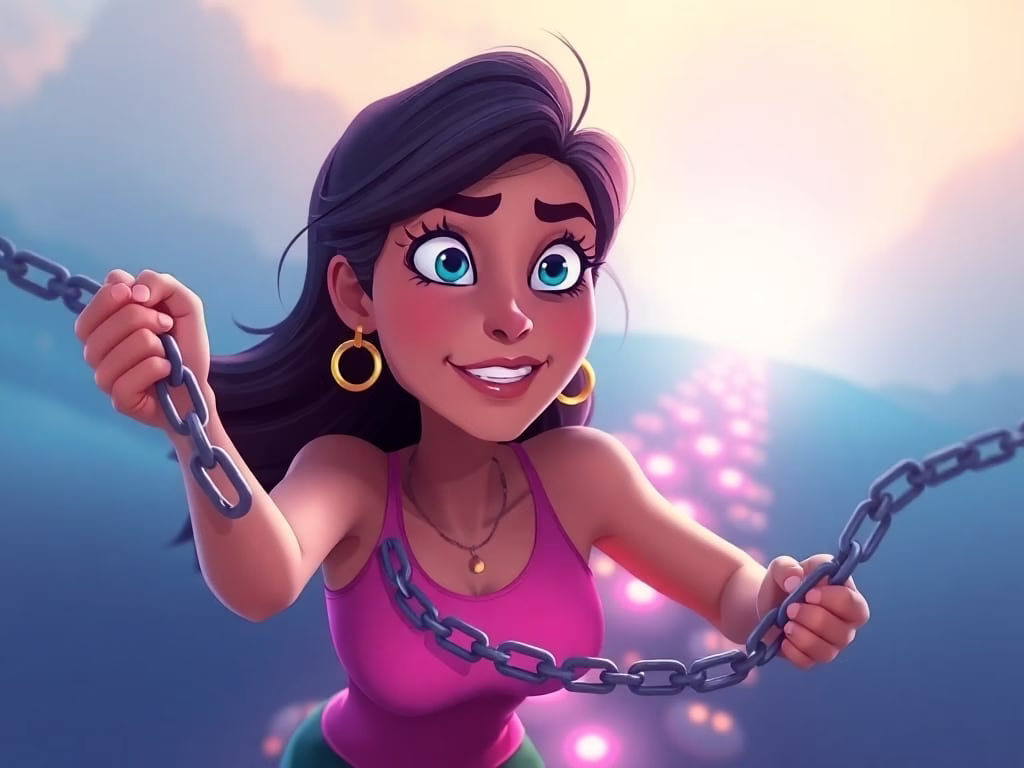 illustration of a woman breaking free from cartoon chains, glowing path ahead, determined face, pink and turquoise glow