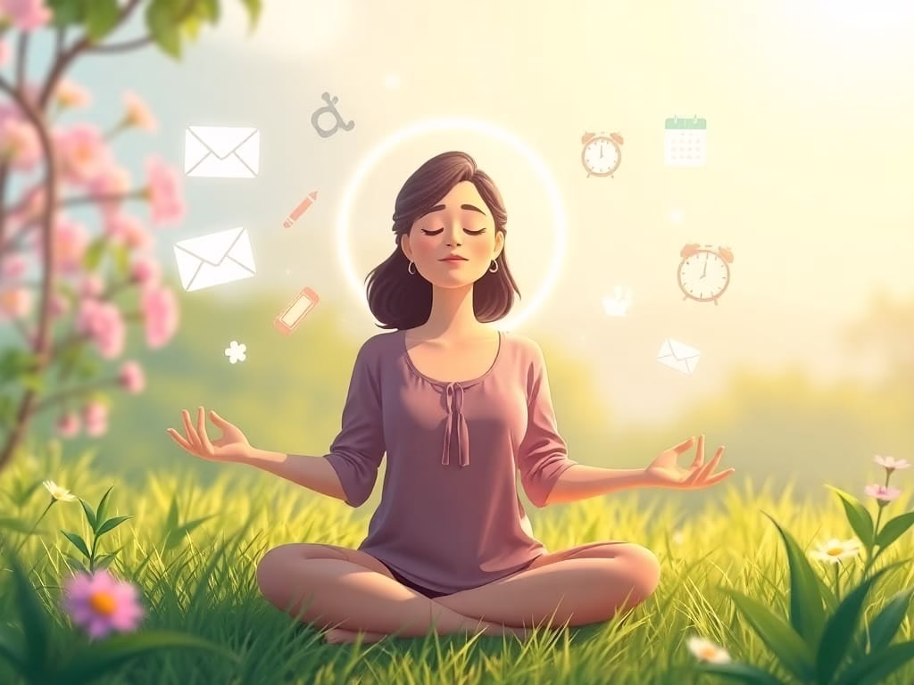 illustration of a woman meditates inside a glowing shield in nature, with stress symbols outside, representing self-care, mental health, and emotional resilience.