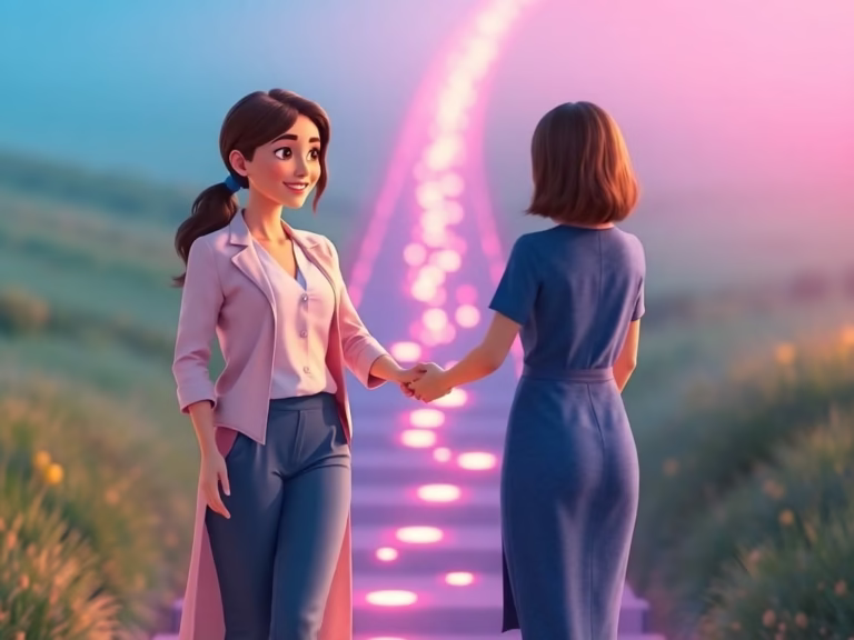illustration of a woman walks hand-in-hand with a life coach on a glowing path labeled “Best Self,” symbolizing how coaching accelerates personal growth and transformation