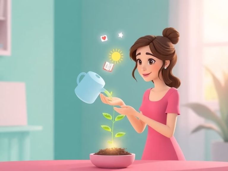 illustration of a woman watering a plant that grows into a glowing figure, surrounded by icons of wellness, showing how daily healthy habits lead to becoming the best version of yourself