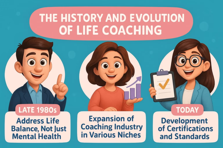 infographic showing the evolution of life coaching from the 1980s to today with cartoon characters and coaching milestones in turquoise and pink colour theme