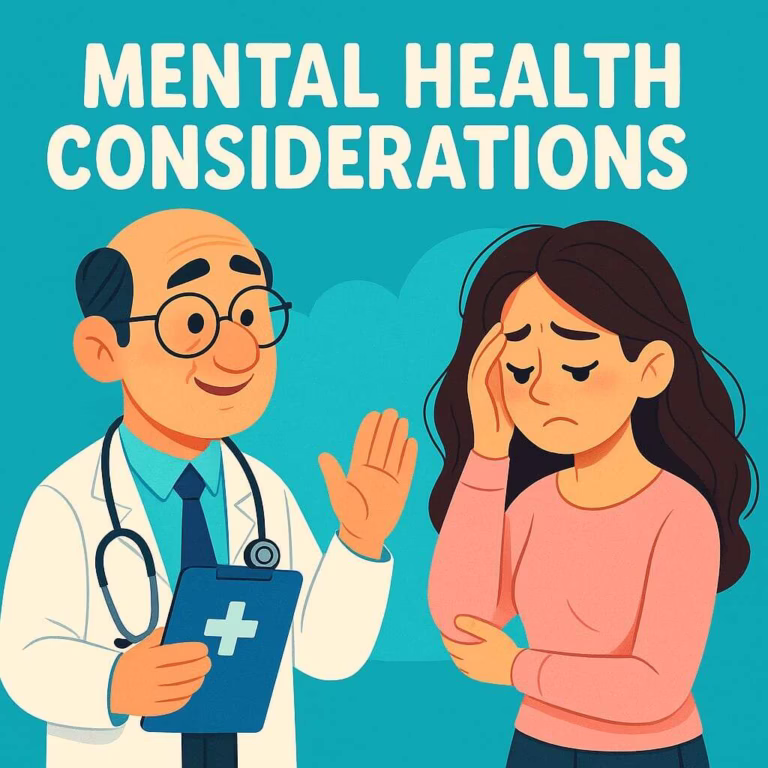 illustration of a concerned doctor discussing mental health with a young woman, using a turquoise blue, light pink, and white colour theme