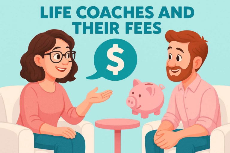 illustration of a life coach discussing coaching fees with a client, using turquoise blue, light pink, and white theme with a piggy bank symbol
