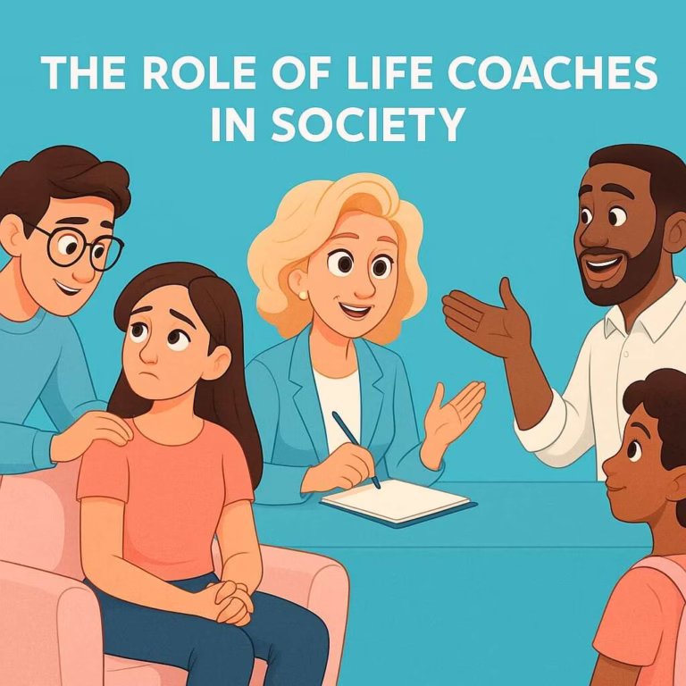 illustration showing diverse life coaches engaging with clients, representing support and transformation in society with a turquoise and pink colour theme