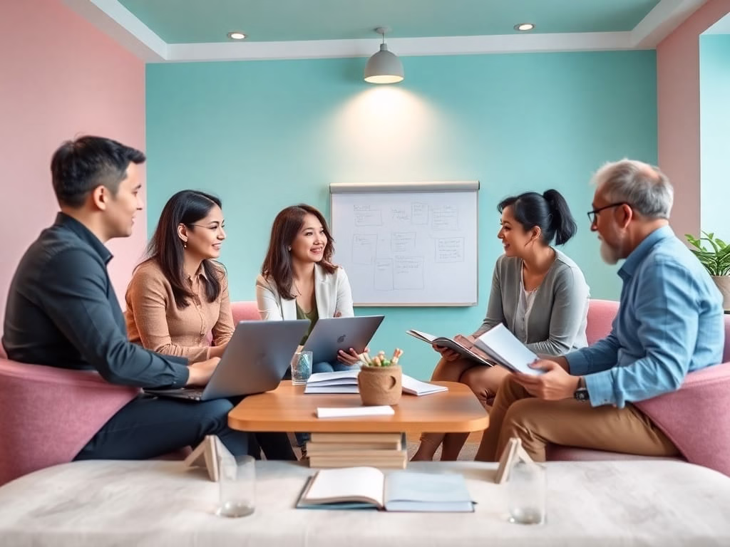 A diverse group of professional coaches engaged in a collaborative learning session for professional development, seated in a pastel-themed room with open laptops, flipcharts, and books
