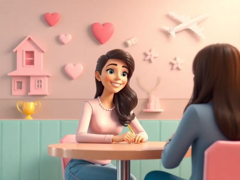 A woman having a coaching conversation with her life coach at a pastel-toned café, symbolizing value-based personal growth