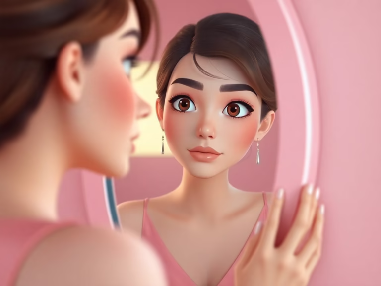 A woman looking into a mirror with a thoughtful expression, reflecting on core values, in soft pastel tones.