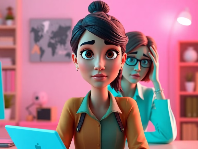 Cartoon character of a working woman split between procrastination and productivity, symbolising the emotional struggle behind delay