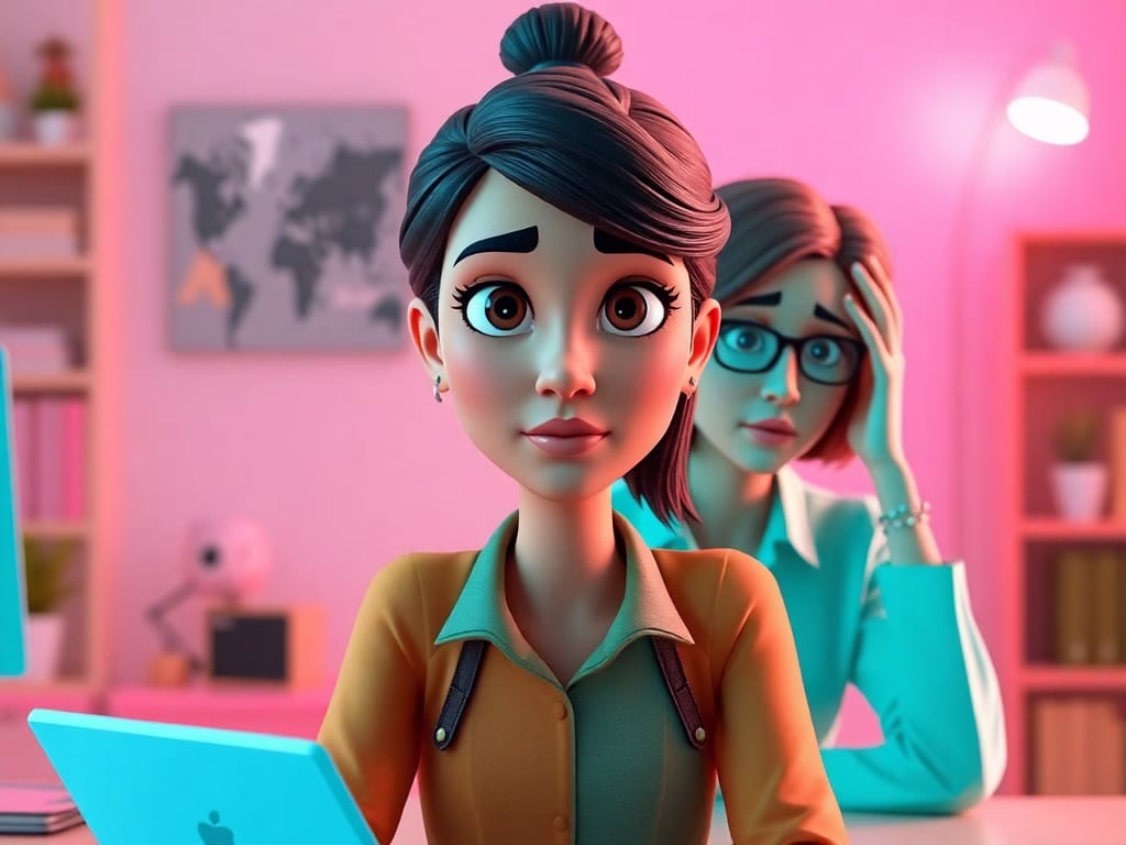 Cartoon character of a working woman split between procrastination and productivity, symbolising the emotional struggle behind delay