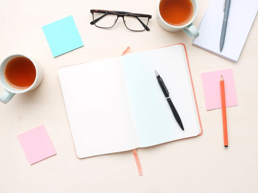 Flat lay of a coaching workspace with pastel turquoise and pink sticky notes, a journal, pen, eyeglasses, and coffee cup on a light wooden desk