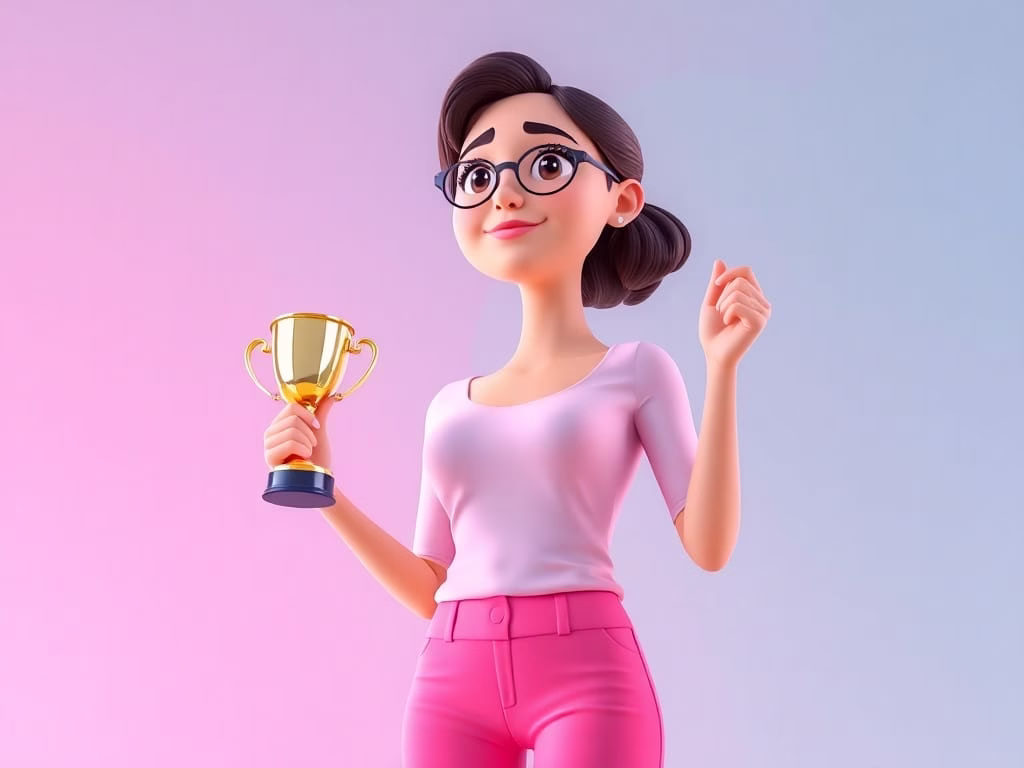 Joyful career woman celebrating a small win, holding a trophy in a clean, well-lit space.