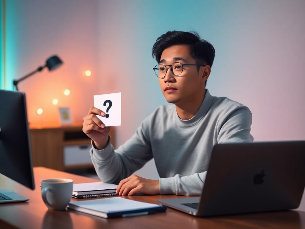 Man sitting in a home office holding a card with a question mark, looking thoughtful. Visual represents self-reflection, coaching questions, and personal growth journey