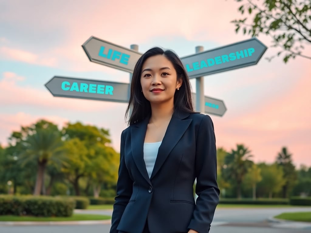 A career woman standing at a crossroads in a peaceful park with pastel signposts pointing toward Life, Career, Wellness, and Leadership