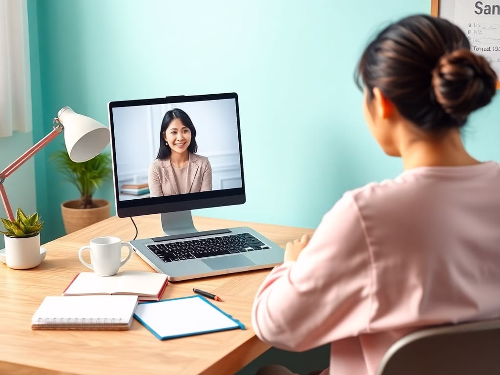 Realistic image of a home office desk with a laptop showing a video call. One coach is speaking on screen while the viewer sits at the desk, seen from behind.2