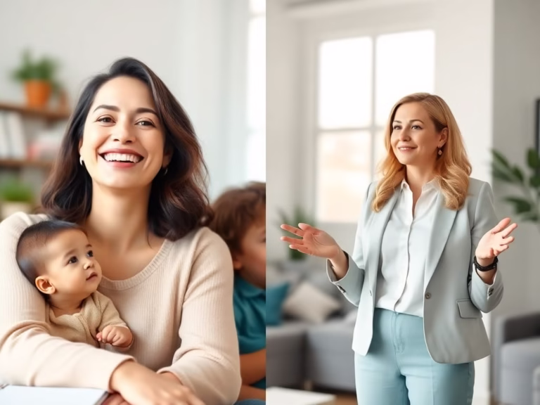 A split-screen image showing two women- one confidently presenting in a professional setting, the other smiling and relaxed at home with family, representing work life balance