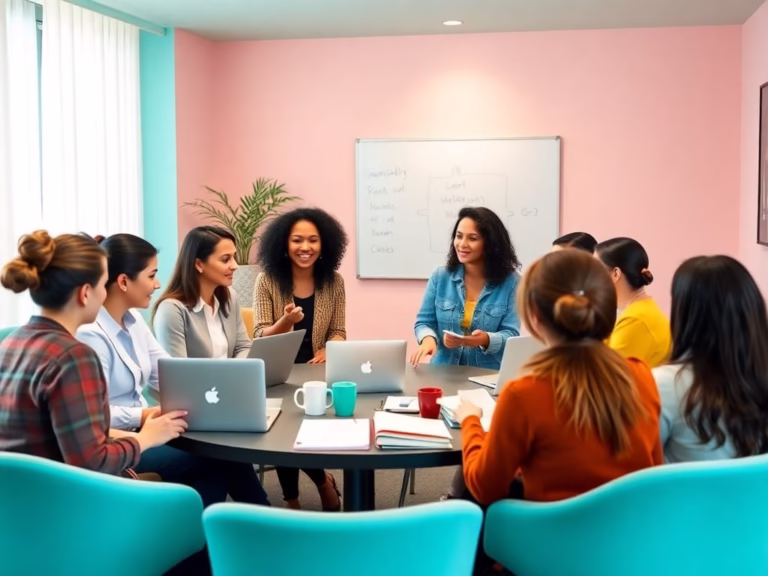 a modern office with diverse professionals collaborating around a table.