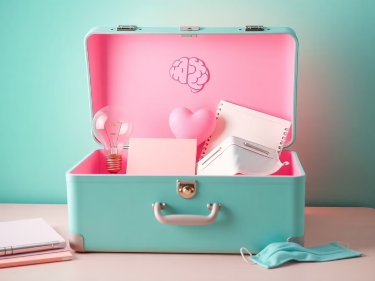 a pastel-colored coaching toolbox on a desk, containing symbolic items like a lightbulb, brain icon, heart, open journal, and a theatrical mask. Each item represents a different coaching approach