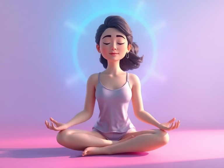 busy career woman meditating peacefully, managing stress and anxiety in soft pastel surroundings