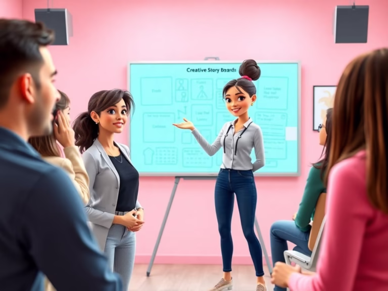 Character presenting creative ideas in a team, showcasing confidence, leadership, and personal growth.