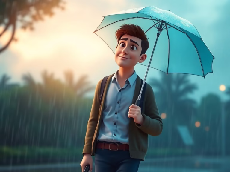 Character walking in rain with confidence, representing emotional resilience and personal growth through challenges