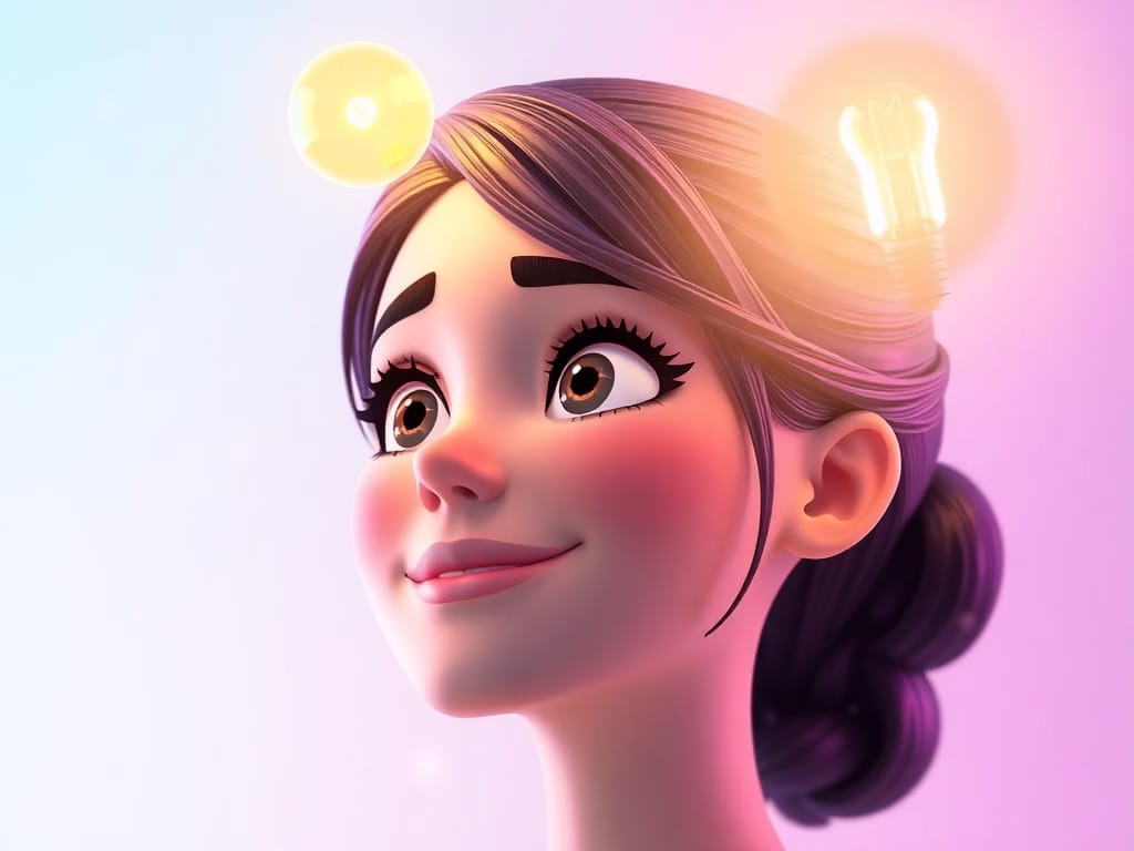 enlightened woman with a glowing lightbulb above their head, experiencing a breakthrough, in soft pink and turquoise glow