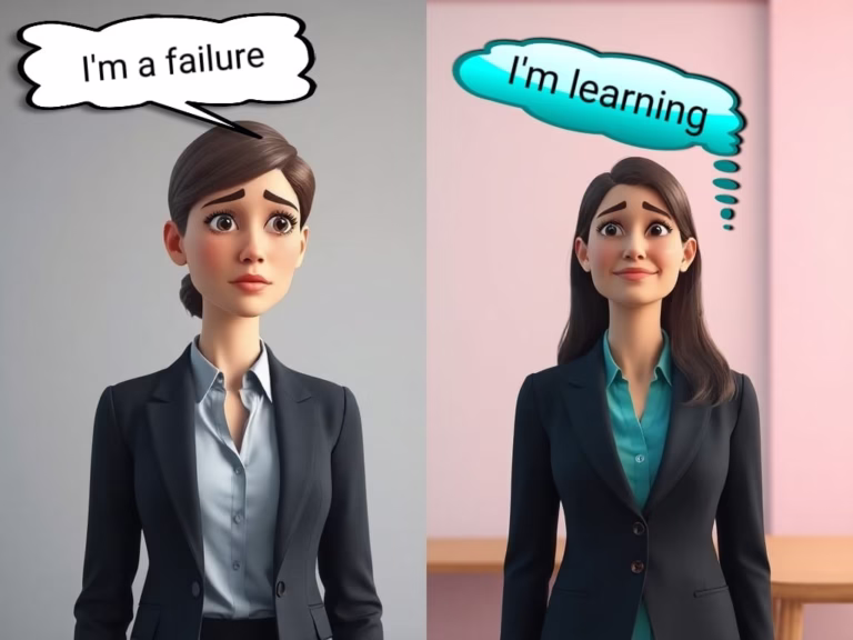Illustration of self-criticism transformed into self-compassion with a mindful mindset.