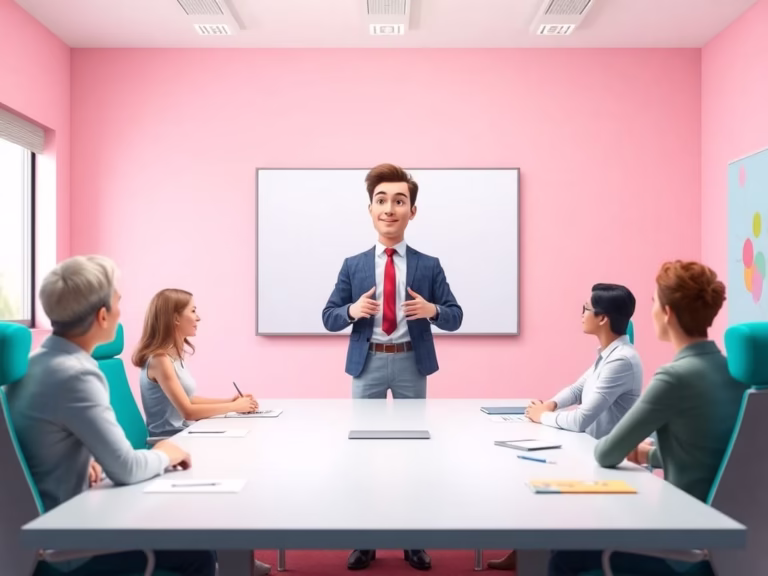Confident character presenting in a business meeting, showing communication skill development and career success.
