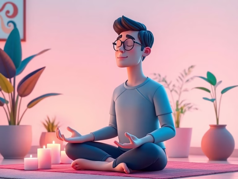 Character meditating in a calm space, focusing on mindfulness for mental health and emotional well-being.
