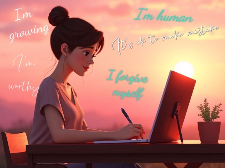 Person writing self-compassion affirmations to begin the day with intention.