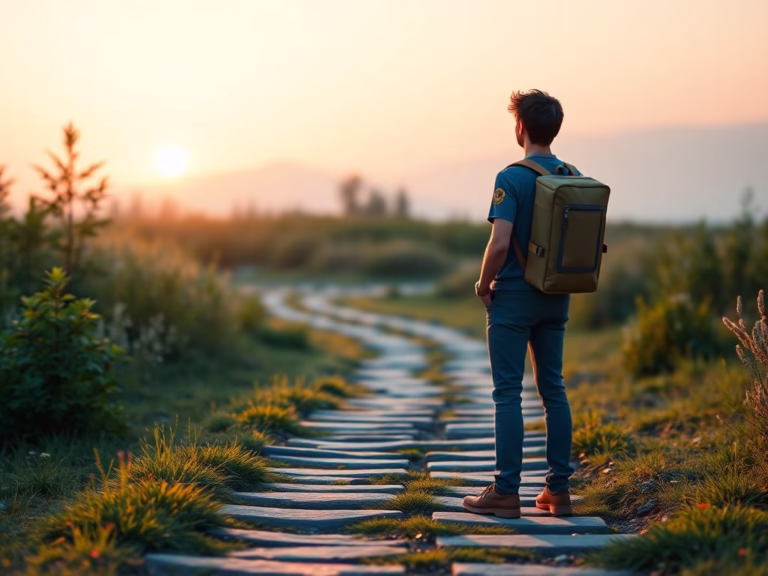 Pixar-style character standing at the start of a personal development journey path, representing self-improvement and life transformation.