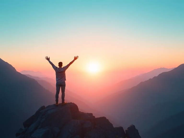 Character standing atop a mountain at sunrise, symbolizing achievement, confidence, and personal growth success.