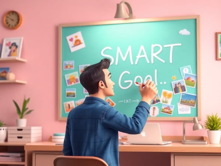 Character writing SMART goals on a vision board to achieve career development and self-improvement.