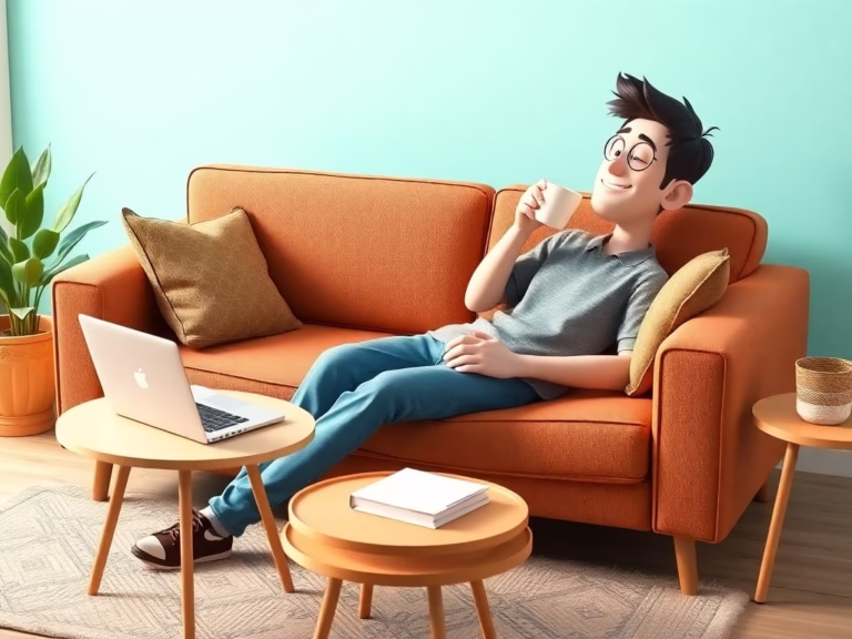 Character relaxing at home with a cup of tea, reflecting healthy boundaries and work-life balance.