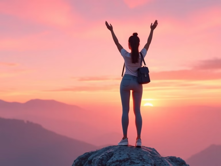 Confident woman standing on a mountain peak, symbolizing belief in oneself