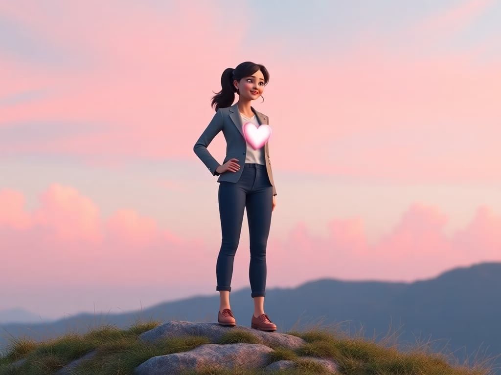 Animated 3D character career woman with glowing heart symbolising inner self esteem 