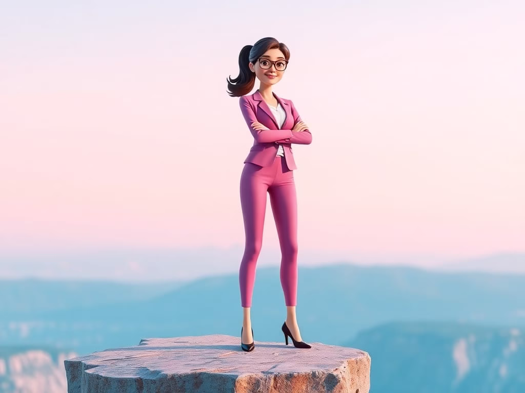 professional woman standing confidently on a cliff, symbolising self-belief and mental toughness.