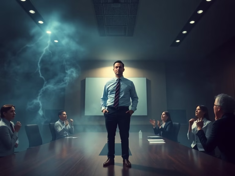 Confident leader staying calm in a tense meeting with panicked team members.