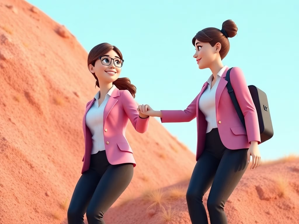 illustration of two working women helping each other up a hill, representing emotional resilience and support.