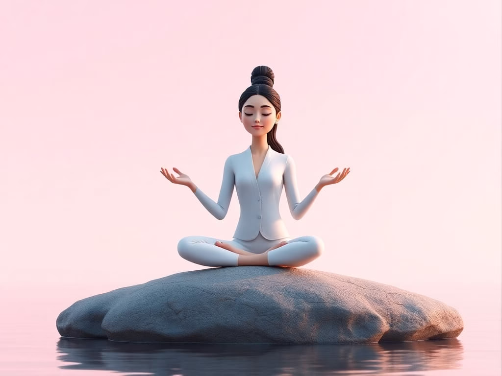 busy senior leader meditating on a floating rock, visualising mindfulness and emotional resilience.